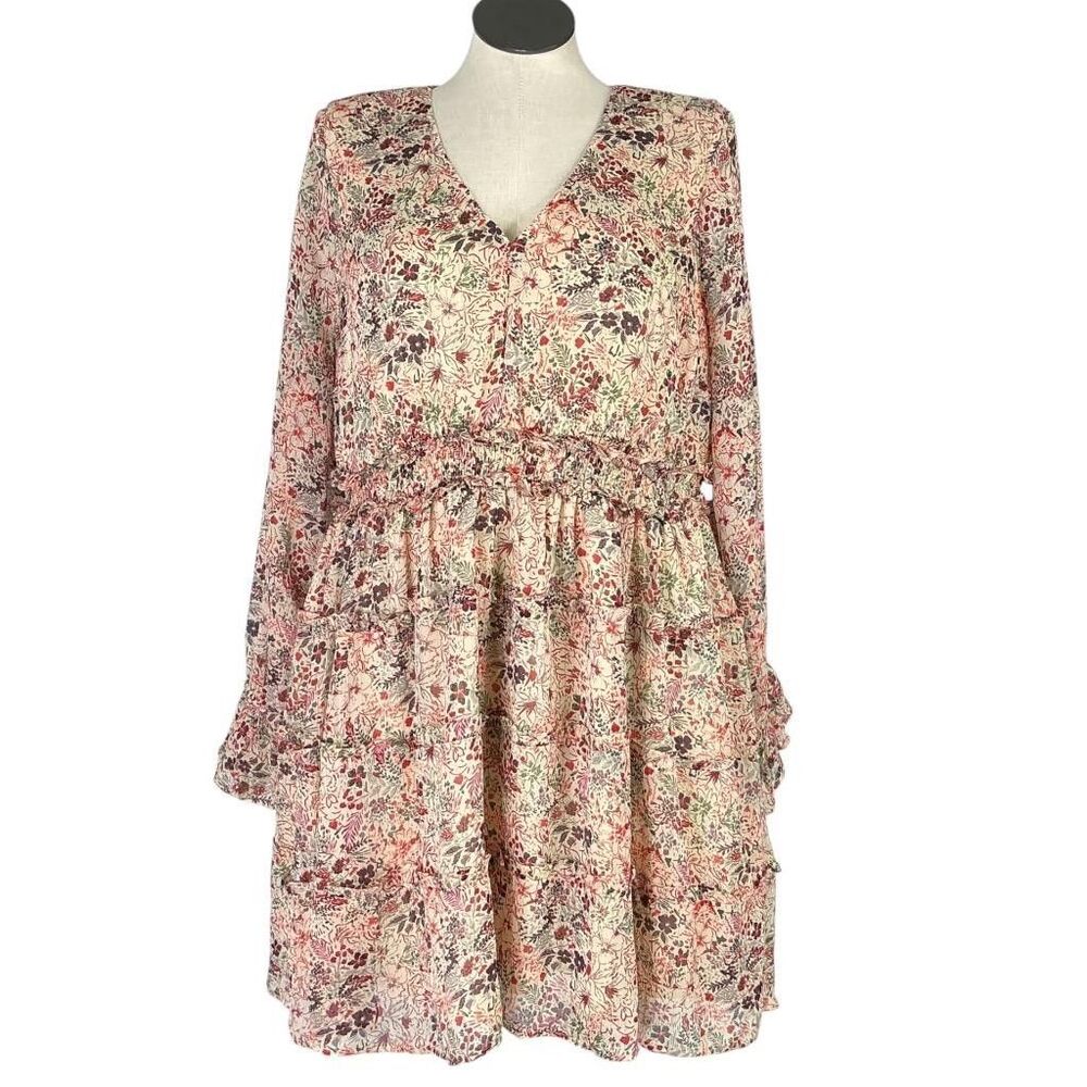 Torrid Mini Dress Women 2X Beige Floral Lurex Chiffon Tiered V Neck Puff Sleeve - Picture 2 of 11